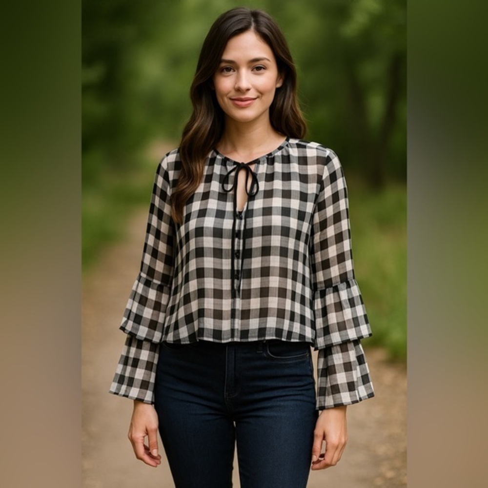 NY Collection Black White Checked Sheer Tie Front Cropped Top NWT S #981
